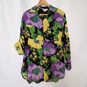 Vintage Floral Cotton Long Sleeve Button Down Shirt Coverup by Clementine